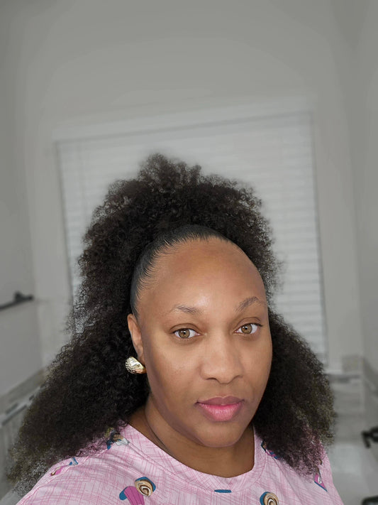 Curly half-down glueless wig – The Island Girl by Wigs by Shanai.