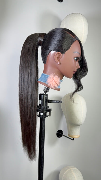 Velvet Flow tie ponytail styled for a polished, elegant finish.