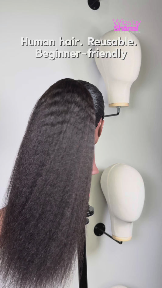 Close-up of sleek drawstring ponytail with silk press texture