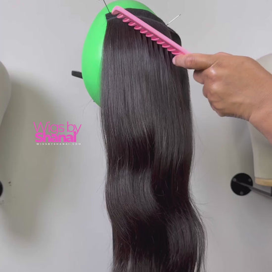 Luxury human hair ponytail – The Silken Sleek with soft curls.